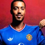Jersey tandang Manchester United musim 2026/2027 berwarna biru dengan desain retro era 1980-an.