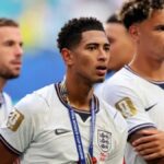 Jude Bellingham merayakan gol untuk tim nasional Inggris di lapangan sepak bola