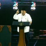 Presiden Prabowo Subianto saat menyampaikan pidato di acara Hari Lahir ke-28 PKB di Jakarta Convention Center.