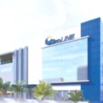 Gedung kantor PT Prodia Diagnostic Line Tbk dengan logo perusahaan terlihat jelas