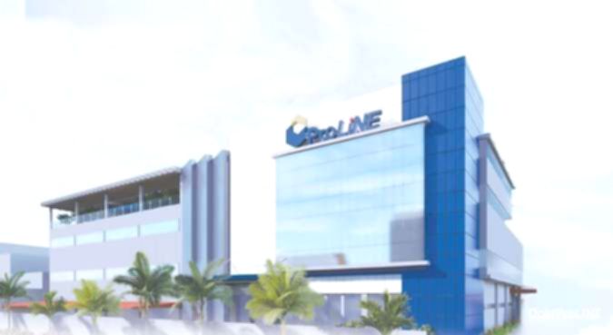 Gedung kantor PT Prodia Diagnostic Line Tbk dengan logo perusahaan terlihat jelas
