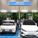 Ilustrasi mobil listrik yang sedang mengisi daya di stasiun pengisian kendaraan listrik umum di Jakarta.