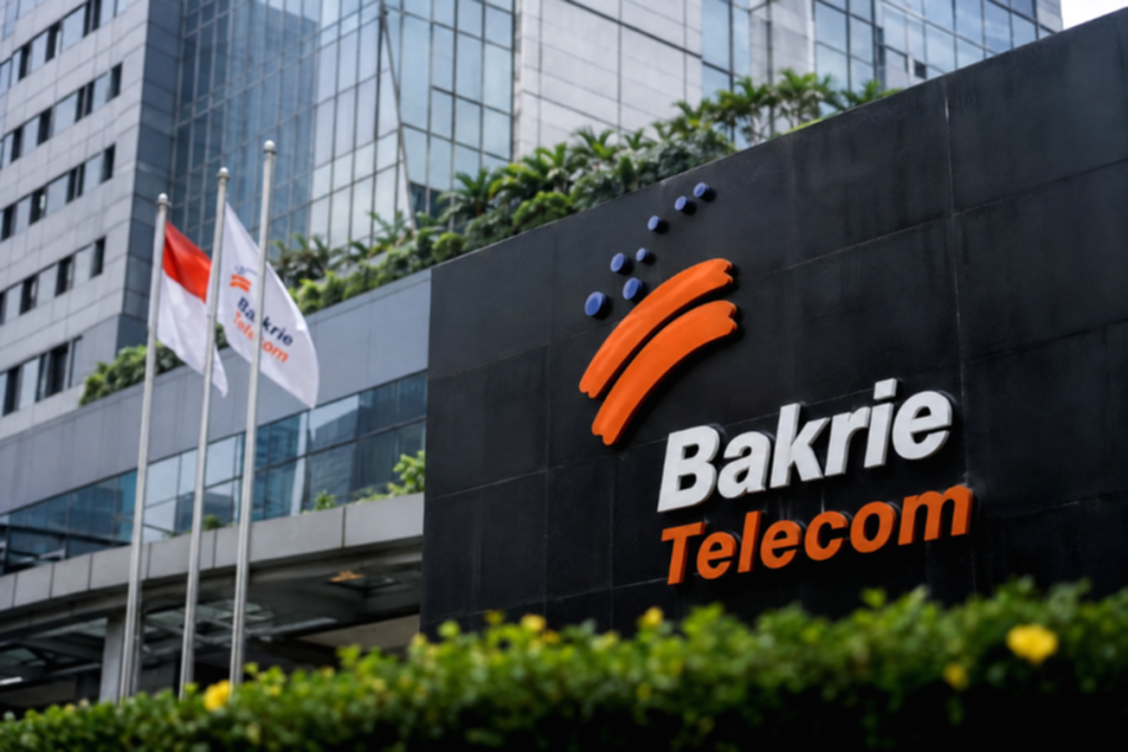 Gedung perkantoran Bakrie Telecom di Jakarta dengan latar belakang logo perusahaan