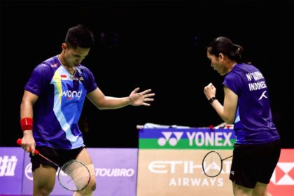 Pasangan ganda campuran Amri Syahnawi dan Nita Violina Marwah saat bertanding di Kejuaraan Dunia 2026.