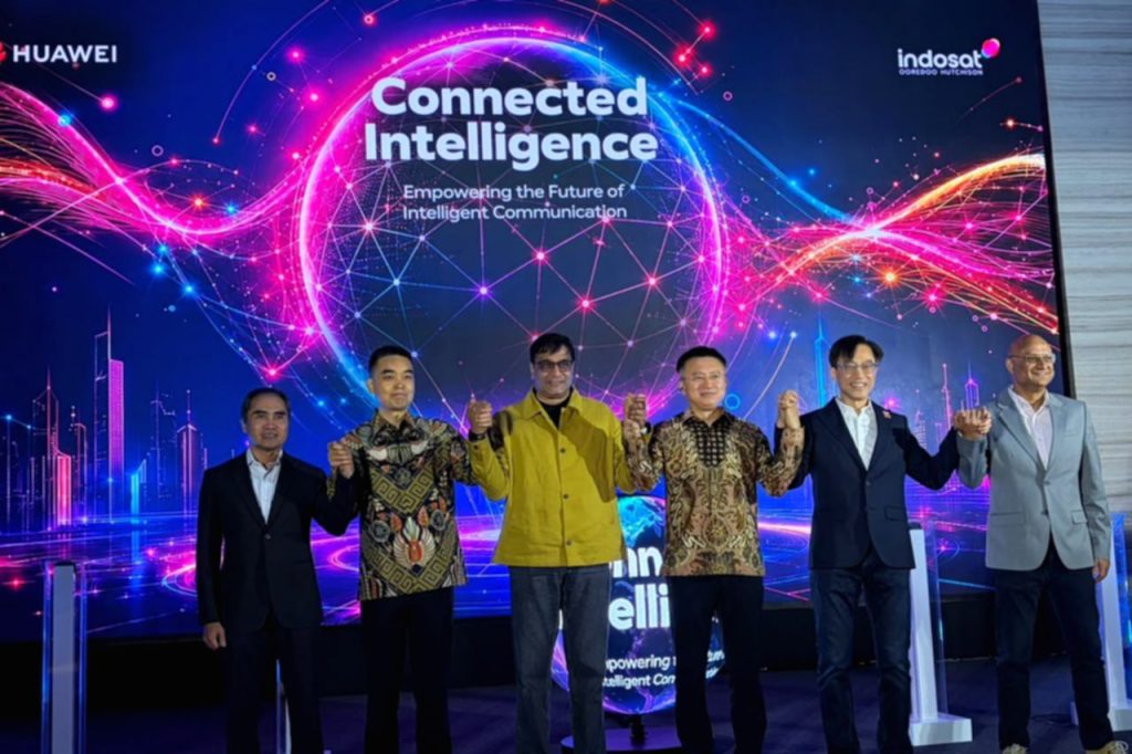 Representasi visual kolaborasi teknologi 5G dan kecerdasan buatan antara Indosat dan Huawei