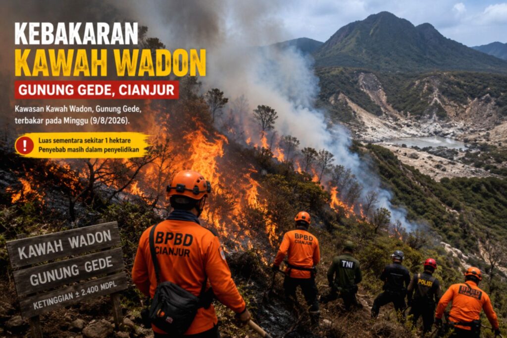 Asap membubung dari kebakaran hutan di kawasan Kawah Wadon Gunung Gede