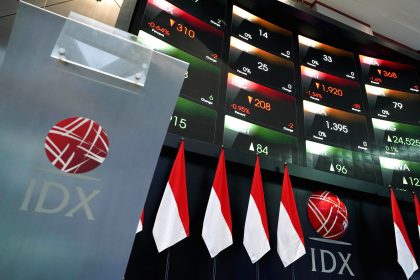 Gedung Bursa Efek Indonesia di Jakarta dengan latar belakang area perkantoran pusat bisnis