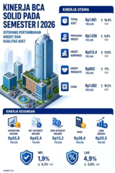 Suasana kantor pusat Bank Central Asia dengan logo BCA yang menonjol di gedung tinggi Jakarta