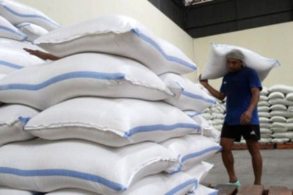 Tumpukan karung beras di dalam gudang penyimpanan Perum Bulog yang akan dilelang untuk bahan baku industri tepung.