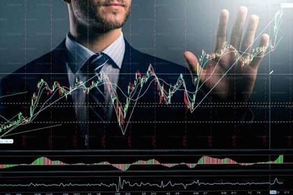 Grafik pergerakan harga aset kripto dan ikon manajemen risiko di layar komputer