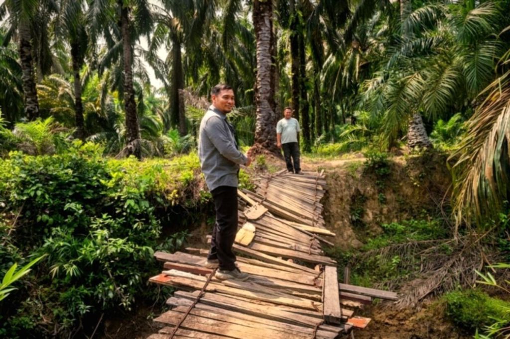 Kepala Unit BRI Sigambal M. A. Hasibuan menempuh medan berlumpur untuk menemui nasabah UMKM di pelosok Labuhanbatu.
