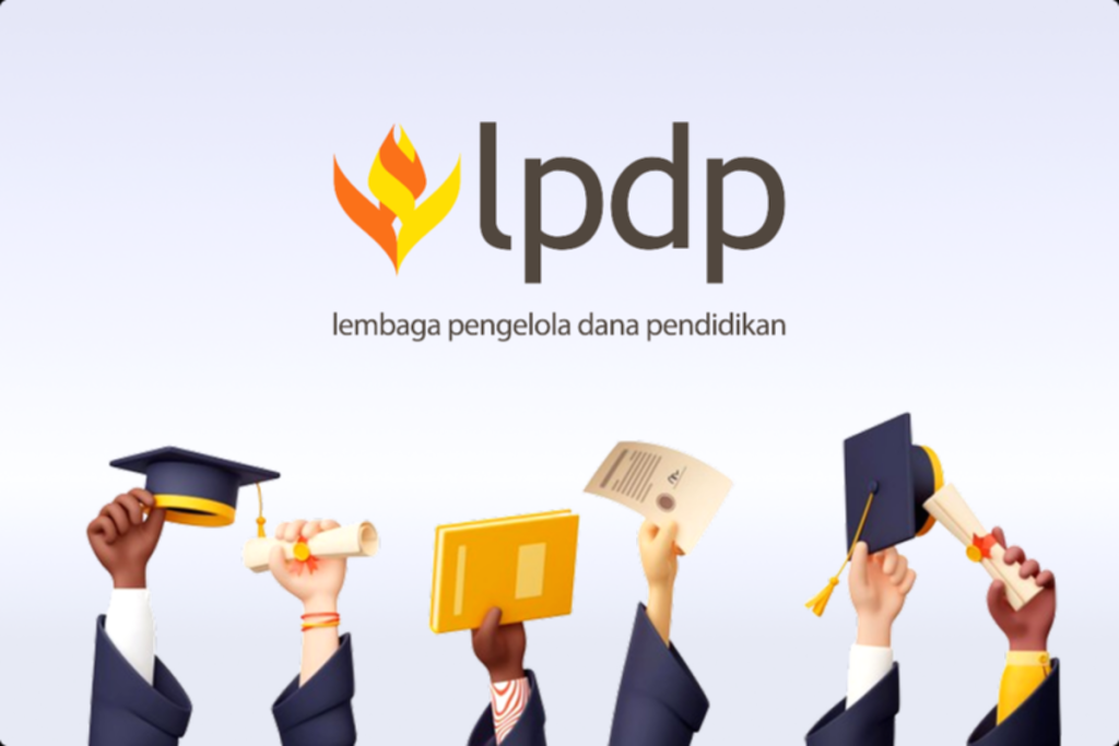 Logo LPDP dengan latar belakang gedung perkantoran Kementerian Keuangan di Jakarta.