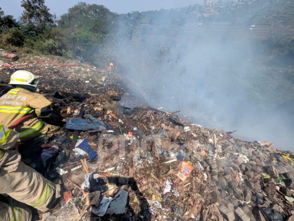 Petugas pemadam kebakaran berusaha memadamkan api di lahan yang terbakar di kawasan Punclut, Bandung.