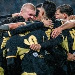 Erling Haaland merayakan gol kemenangan Manchester City saat melawan FC Porto di Liga Champions.